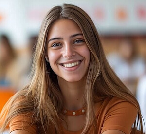 Jeune femme en cours d’anglais, souriant et regardant la caméra.