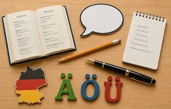 Illustration zum Privatunterricht Deutsch mit Wörterbuch, Sprechblase, Notizblock und Schreibmaterial.