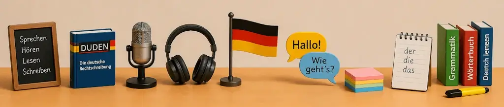 Kopfhörer, Mikrofon, Duden, Sprechblasen, Notizzettel, Wandtafel und Wörterbuch als typische Materialien für den Privatunterricht Deutsch.