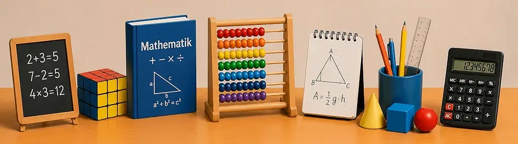 Tafel mit mathematischen Notizen, Rubik’s Cube, Mathematikbuch, Stiften und Taschenrechner als Unterrichtsmaterial in der Nachhilfe Mathematik.