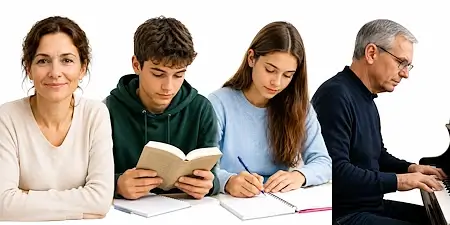 Privatunterricht Bern: Erwachsene, Jugendliche und Senioren beim Lesen, Schreiben und Klavierspielen. Die Collage zeigt individuelles Lernen in verschiedenen Lebensphasen.