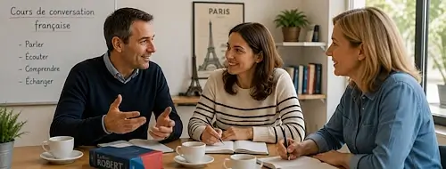 Zwei Frauen und ein Mann im Konversationskurs Französisch in Bern führen ein lebendiges Gespräch und verbessern gemeinsam ihre mündlichen Sprachkenntnisse.