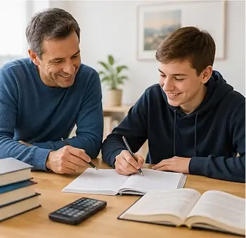 Lehrer erklärt einem Schüler Aufgaben auf Arbeitsblättern bei der Vorbereitung auf eine Aufnahmeprüfung.