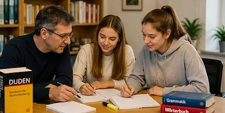 Nachhilfe Bern: Lehrer unterstützt zwei Schülerinnen im Deutschunterricht und erklärt ein Grammatikproblem Schritt für Schritt.