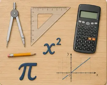 Illustration mit Zirkel, Geodreieck, Taschenrechner, Bleistift, x², π und Koordinatensystem als Symbole für die Nachhilfe Mathematik in Bern.