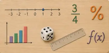 Illustration mit Zahlenstrahl, Bruch, Prozentzeichen, Diagramm, Würfel, Lineal und Funktion f(x) als Symbole für die Nachhilfe Mathematik in Bern.