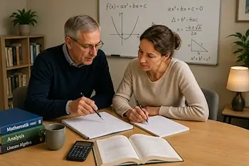 Privatunterricht Mathematik Bern: Lehrer erklärt einer erwachsenen Lernenden mathematische Zusammenhänge. Gemeinsam arbeiten sie konzentriert an einer Aufgabe mit Lehrbuch, Notizheft und Taschenrechner.