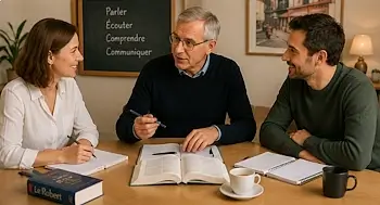 Privatunterricht Bern: Lehrer führt mit zwei Erwachsenen ein lebendiges Gespräch im Sprachunterricht. Auf dem Tisch liegen Wörterbuch, Notizhefte und Kaffeetassen.