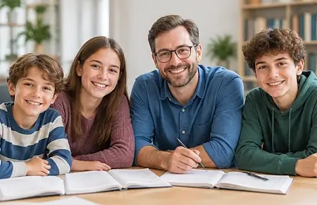 Privatunterricht Bern: Vier Lernende vom Kindes- bis ins Erwachsenenalter sitzen nebeneinander mit einem Lehrer in der Mitte. Der Lehrer hält einen Stift in der Hand, vor allen liegen geöffnete Notizhefte, während sie freundlich in die Kamera schauen.