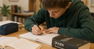 Nachhilfe Deutsch: Schüler schreibt konzentriert einen Text in sein Heft und verbessert seine Schreibkompetenz.