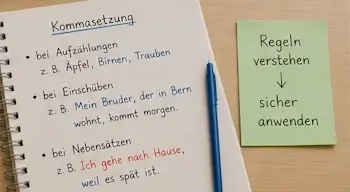 Nachhilfe Deutsch: Kommaregeln mit verständlichen Beispielen sind in einem Heft und auf Notizzetteln übersichtlich erklärt.