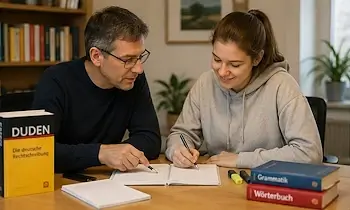 Privatunterricht Bern: Lehrer unterstützt eine Schülerin bei einem Sprachproblem und erklärt den Lernstoff verständlich.