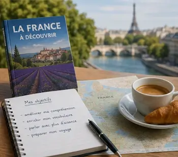 Kaffee, Notizbuch, Buch, Stift und Croissant mit Blick auf die Seine in Paris – Inspiration zum Französischlernen im Privatunterricht Französisch in Bern.