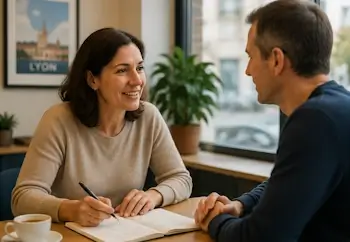 Frau und Mann im Privatunterricht Französisch in Bern führen eine Konversation am Tisch; die Teilnehmerin macht sich Notizen in einem Buch.
