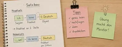 Nachhilfe Deutsch: Erklärungen zum Satzbau sind in einem Heft und auf Notizzetteln übersichtlich dargestellt.