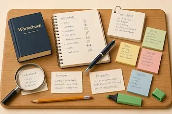 Illustration zum Privatunterricht Deutsch mit Wörterbuch, Wortschatzkarten, Synonymen und Beispielsätzen für Schule, Beruf und Alltag.