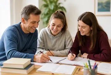 Privatunterricht Bern mit einem Lehrer und zwei Schülerinnen, die gemeinsam an Deutsch- und Schulaufgaben arbeiten.