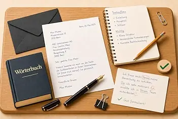 Illustration zum Privatunterricht Deutsch mit Brief, Füllfederhalter, Notizbuch, Briefumschlag und Wörterbuch – schriftliche Kommunikation verbessern.