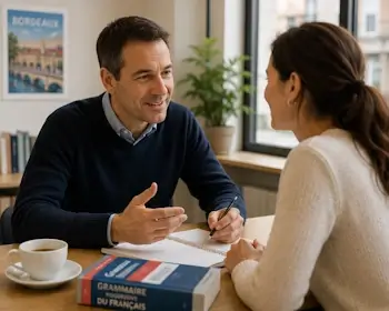 Mann und Frau im Privatunterricht Französisch in Bern führen eine angeregte Diskussion; Wörterbuch und Kaffee stehen auf dem Tisch.