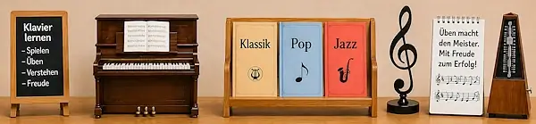 Klavier mit aufgestellten Noten sowie Notenbücher für Klassik, Pop und Jazz als Symbol für vielseitigen Klavierunterricht Bern.