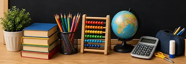 Schulmaterialien für die Nachhilfe von Primarschülern mit Büchern, Farbstiften, Rechenrahmen, Globus, Taschenrechner und Etui vor einer schwarzen Schiefertafel.