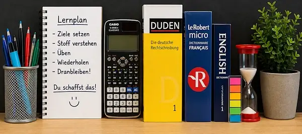 Lernmaterialien für die Nachhilfe auf der Sekundarstufe mit Lernplan, Stiften, Taschenrechner und Wörterbüchern für Deutsch, Französisch und Englisch.