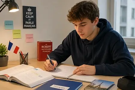 Berufsschüler vertieft seine Französischkenntnisse am Schreibtisch. Nachhilfe Französisch in Bern mit individueller Unterstützung für Berufsfachschule, Grammatik, Wortschatz und Prüfungsvorbereitung.