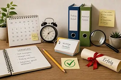 Illustration zur Prüfungsvorbereitung Bern mit Kalender, Stoppuhr, Bleistift, Lernkartei, Ordner, Lupe, Checkliste und Diplomrolle auf einem Holztisch.