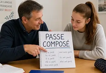 Lehrer erklärt einer Schülerin im Einzelunterricht das Passé composé. Verständliche Nachhilfe Französisch in Bern mit individueller Unterstützung bei Grammatik und Prüfungsvorbereitung.