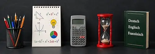 Lernmaterialien für die Aufnahmeprüfung-Vorbereitung mit Stiften, Mathematikblock, Taschenrechner, Sanduhr und Sprachbuch.