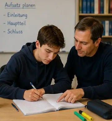 Nachhilfe Berufsfachschule: Lehrer unterstützt einen Lernenden beim Verstehen und Formulieren von deutschen Texten.