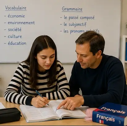 Französisch-Nachhilfe für die Berufsfachschule: Lehrperson und Lernende bearbeiten gemeinsam Übungen zu Wortschatz und Grammatik.