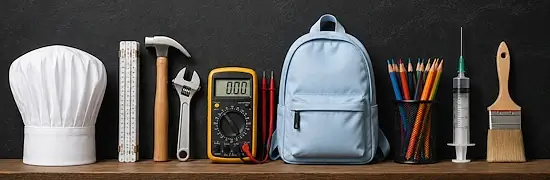Kochmütze, Meterstab, Hammer, Schraubenschlüssel, Strommessgerät, Schultasche, Farbstifte, Injektionsspritze und Malerpinsel als Symbole für verschiedene Berufsrichtungen der Berufsfachschule.