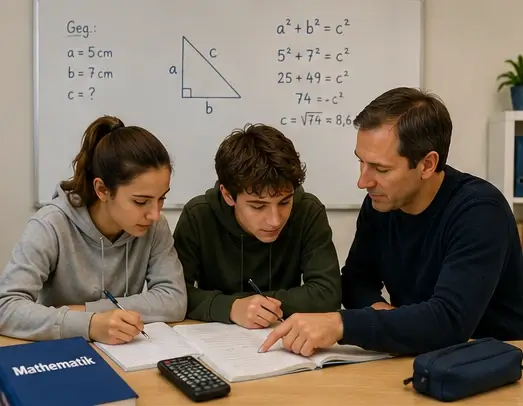 Mathematik-Nachhilfe für die Berufsfachschule: Lehrer erklärt zwei Lernenden gemeinsam eine Geometrieaufgabe.