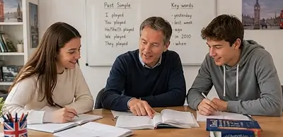 Nachhilfelehrer erklärt zwei Jugendlichen im Einzelunterricht Englisch. Gemeinsam arbeiten sie an Grammatik, Wortschatz und Textverständnis in der Nachhilfe Englisch in Bern.
