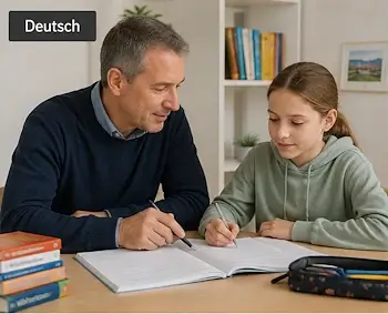 Nachhilfelehrer unterstützt eine Primarschülerin im Fach Deutsch beim Bearbeiten von Übungen in ihrem Schulheft.