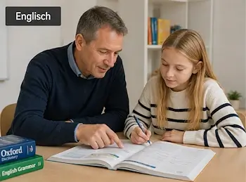 Nachhilfelehrer und Primarschülerin arbeiten gemeinsam an einer Englischübung im Schulbuch.