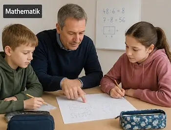 Nachhilfelehrer unterrichtet zwei Primarschüler gleichzeitig in Mathematik und erklärt ihnen eine Rechenaufgabe.