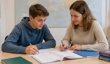 Englisch-Nachhilfe für die Sekundarschule: Schüler und Lehrperson bearbeiten gemeinsam eine Englischaufgabe.