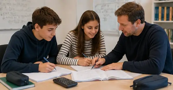 Mathematik-Nachhilfe auf der Sekundarstufe: Lehrperson erklärt zwei Jugendlichen gemeinsam eine Aufgabe.