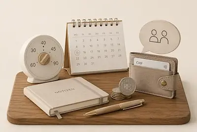 Illustration zu Lektionszeiten und Preisen im Privatunterricht Bern mit Uhr für 30-, 45-, 60- und 90-Minuten-Lektionen, Kalender, Notizbuch und Zahlungsmöglichkeiten.