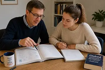 Lehrer und erwachsene Schülerin bei der Prüfungsvorbereitung in Bern; der Lehrer zeigt auf einen Abschnitt im aufgeschlagenen Buch.