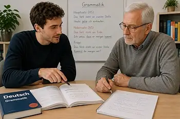 Privatunterricht Deutsch in Bern: Lehrer erklärt einem erwachsenen Schüler Grammatik und Satzbau im individuellen Einzelunterricht.
