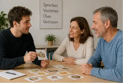 Privatunterricht Deutsch in Bern: Lehrer übt mit einem erwachsenen Ehepaar die deutsche Konversation anhand von Bildkarten und fördert den aktiven Wortschatz.