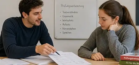 Privatunterricht Deutsch in Bern: Lehrer bespricht mit einer Schülerin Aufgaben und Fragen zur Prüfungsvorbereitung im individuellen Einzelunterricht.