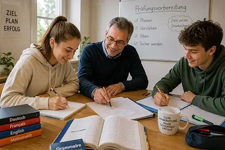 Lehrer bereitet zwei Jugendliche im Einzelunterricht gezielt auf eine Prüfung vor. Gemeinsam bearbeiten sie Aufgaben in Deutsch, Französisch, Englisch und Mathematik und entwickeln Strategien für den Prüfungserfolg.