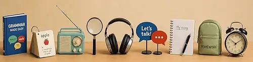 Illustration mit Lernmaterial für die Nachhilfe Englisch in Bern. Grammatikbuch, Wortschatzkarten, Radio, Lupe, Kopfhörer, Sprechblasen, Notizbuch, Hausaufgaben-Etui und Wecker stehen nebeneinander und symbolisieren die wichtigsten Bereiche des Englischlernens.