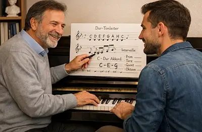 Klavierlehrer erklärt im Privatunterricht Bern einem Schüler am Klavier Musiktheorie und zeigt auf das Notenblatt mit Tonleiter und Intervallen.