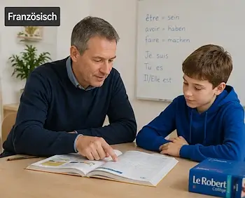 Nachhilfelehrer erklärt einem Primarschüler eine Französischübung und zeigt auf eine Aufgabe im Lehrbuch.