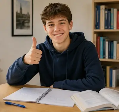 Zufriedener Schüler im Privatunterricht in Bern zeigt den Daumen nach oben.